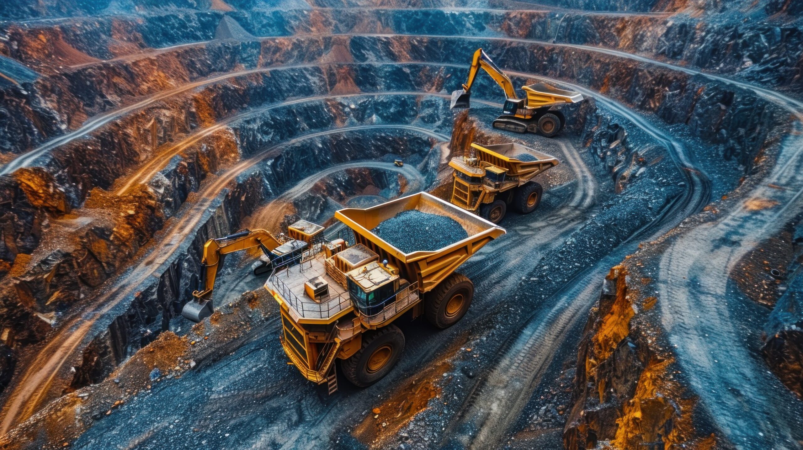 Aerial View of an Open-Pit Mine with Mining Trucks and Excavator