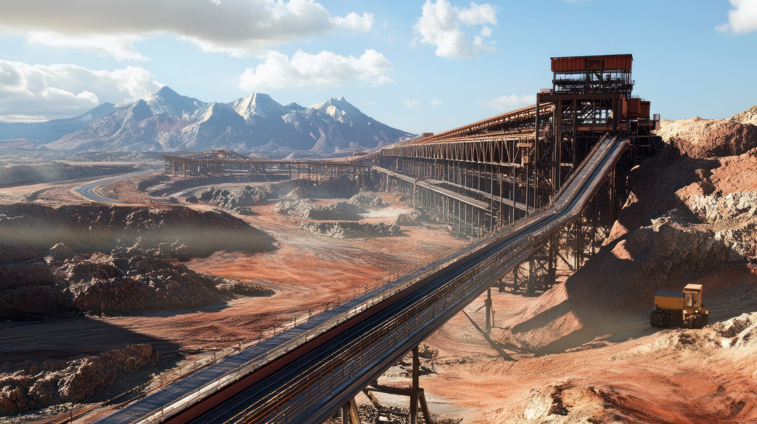 A mining conveyor system stretching across the landscape, efficiently transporting extracted materials. --ar 16:9 --v 6.1 Job ID: 015600e1-75dd-480f-a56b-36b82e6db91a