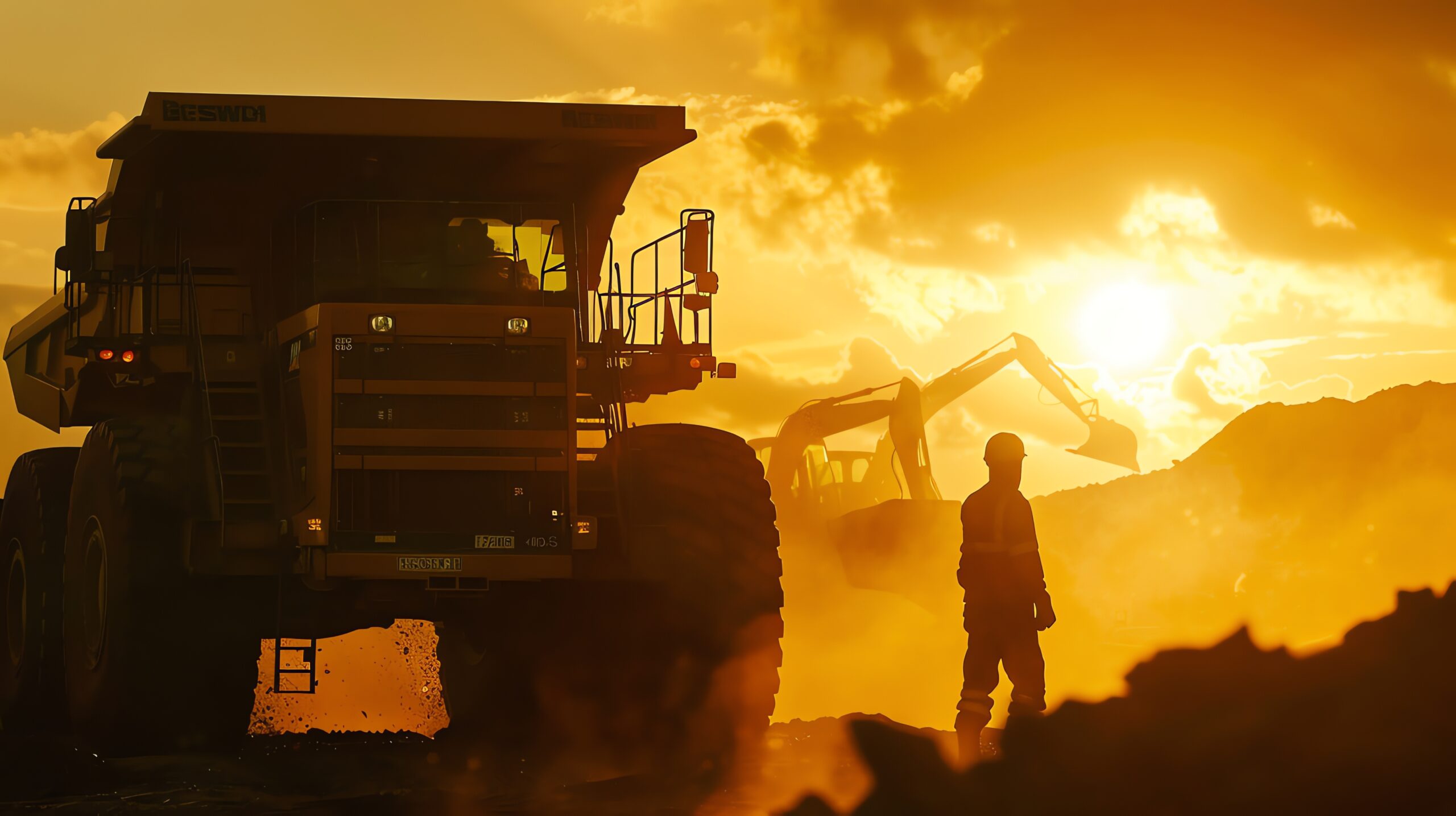 Large dump truck at a mining site with the sun rising in the background.