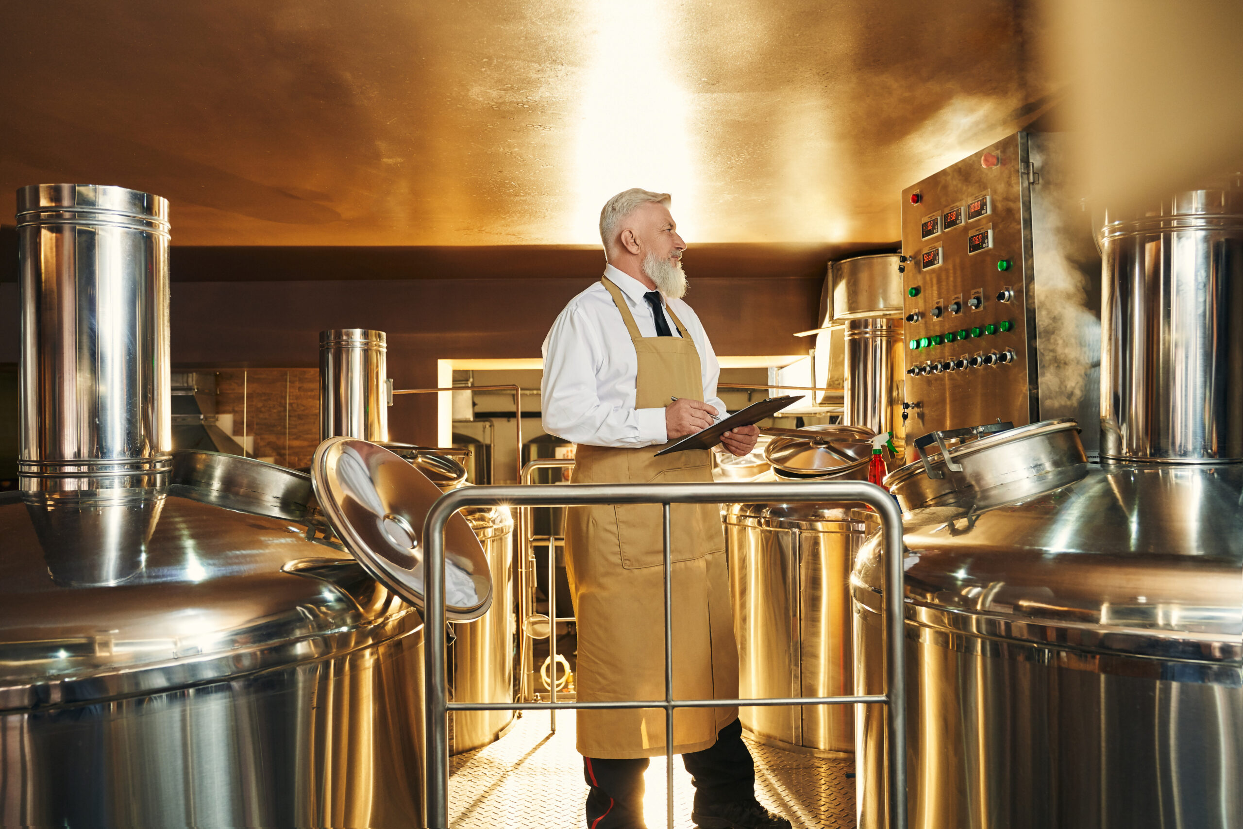 Side view of professional male brewer keeping folder and controlling beer production. Man in apron working in brewery and examining quality of ale. Concept of distillation and beverage.