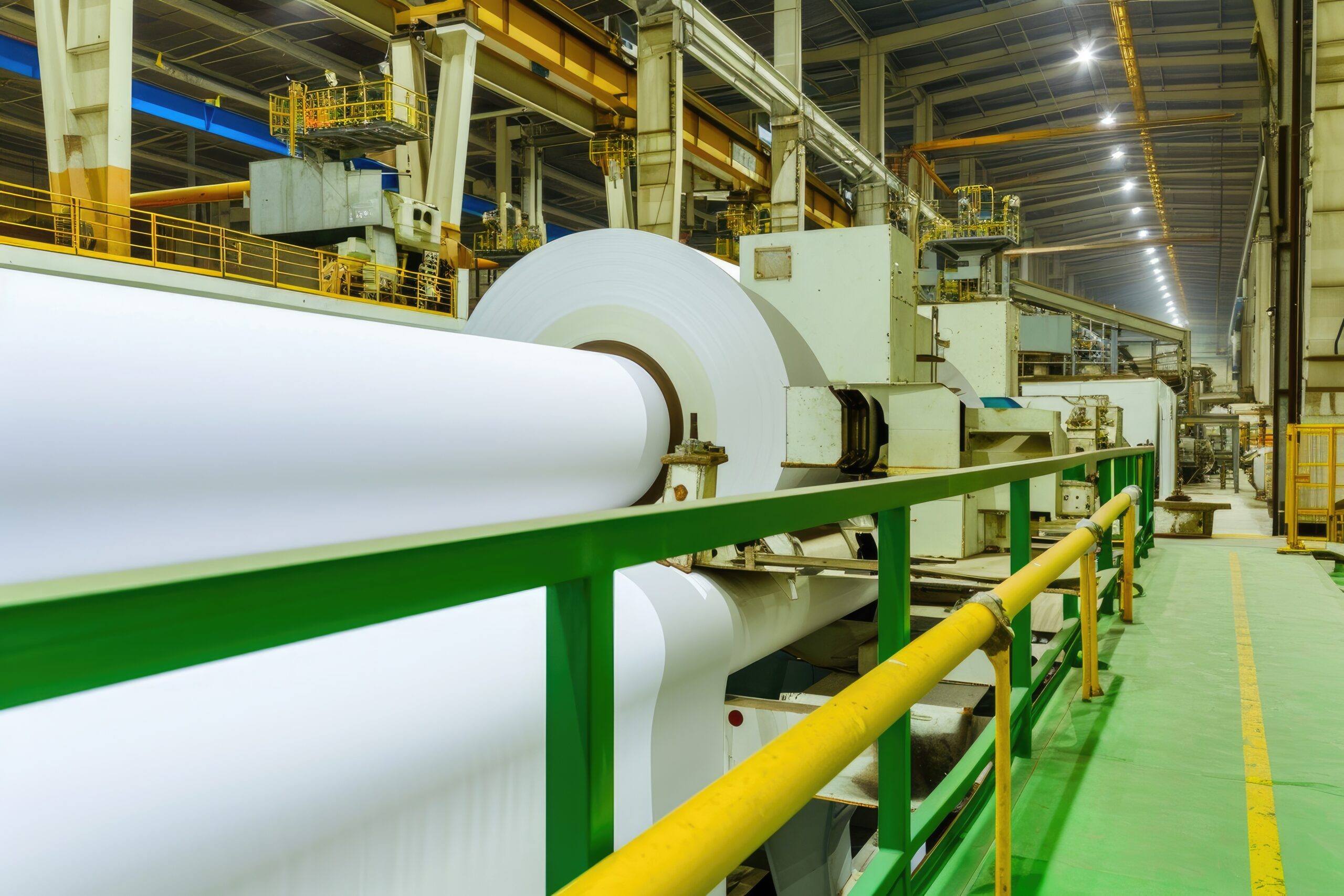 Massive rolls of pristine white paper ready for use in a busy print production warehouse. Giant paper rolls waiting to be transformed in an industrial print shop.
