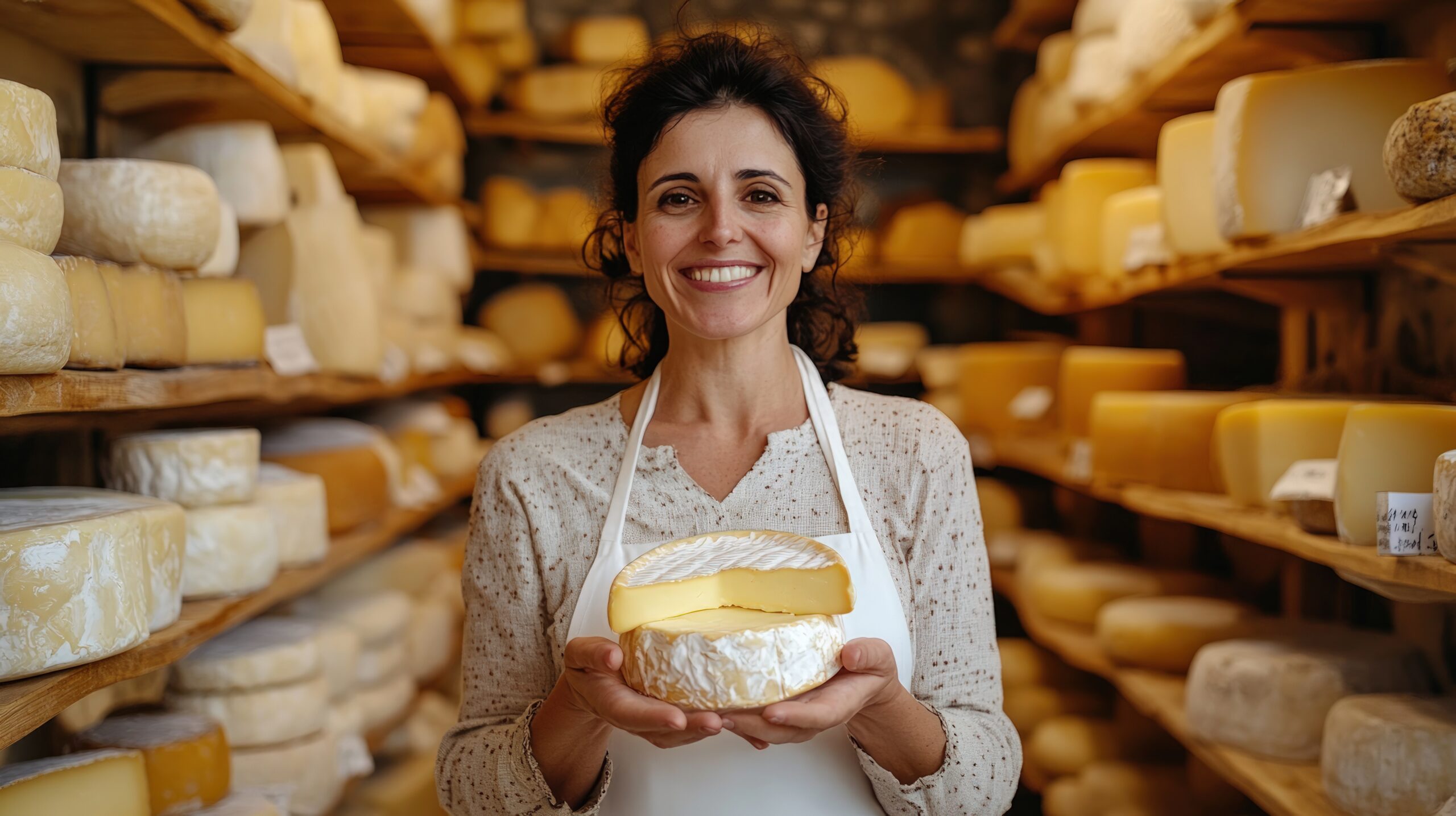 Smiling woman holding cheese in a cheese shop.