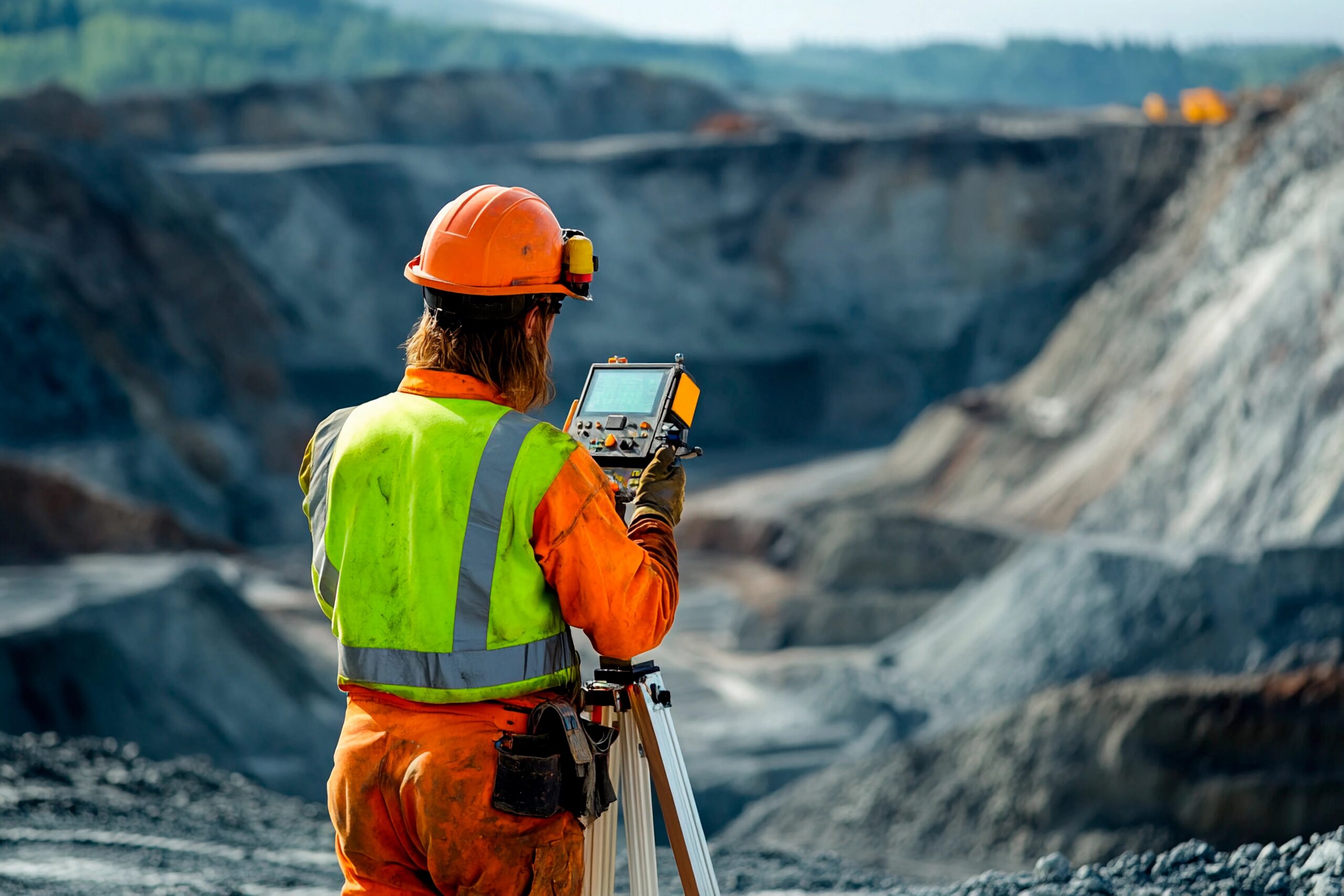 A diligent worker in safety gear uses high-tech equipment to survey a large mining site, surrounded by rugged terrain and machinery. The sun illuminates the expansive area.