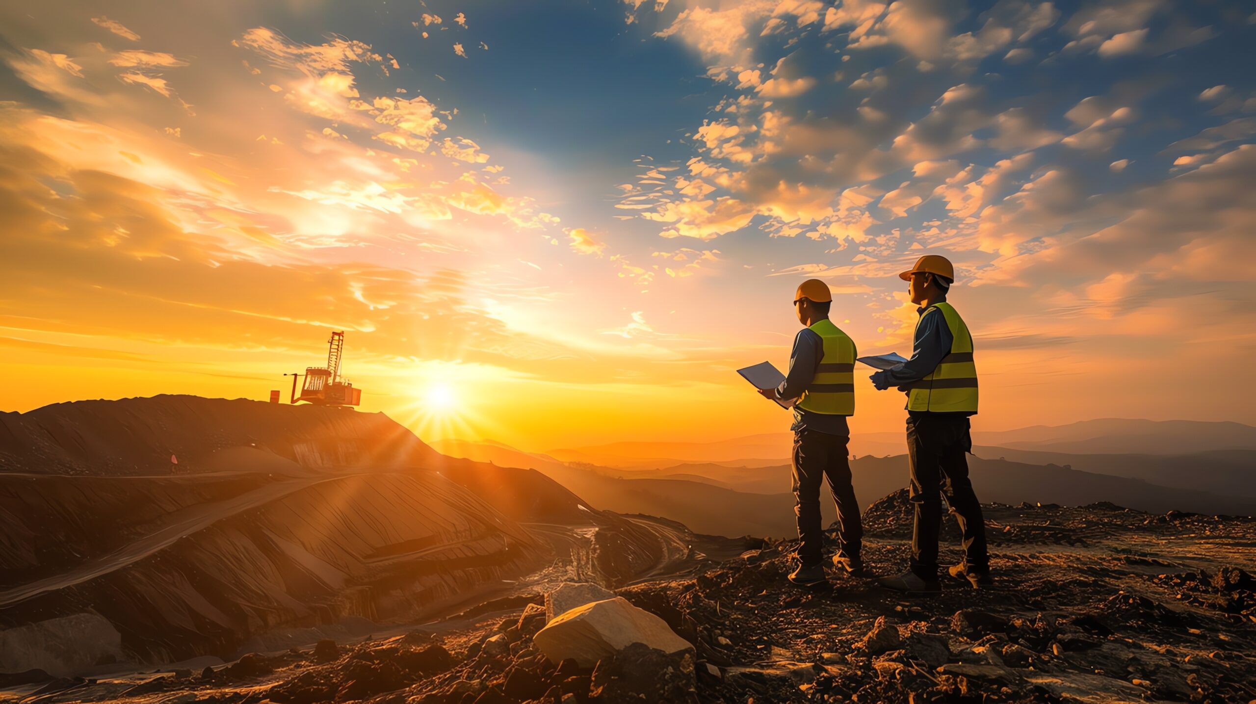 Two engineers in hard hats and safety vests are standing on a rocky hilltop at a mining site. They are looking at the sunset over the mountains.