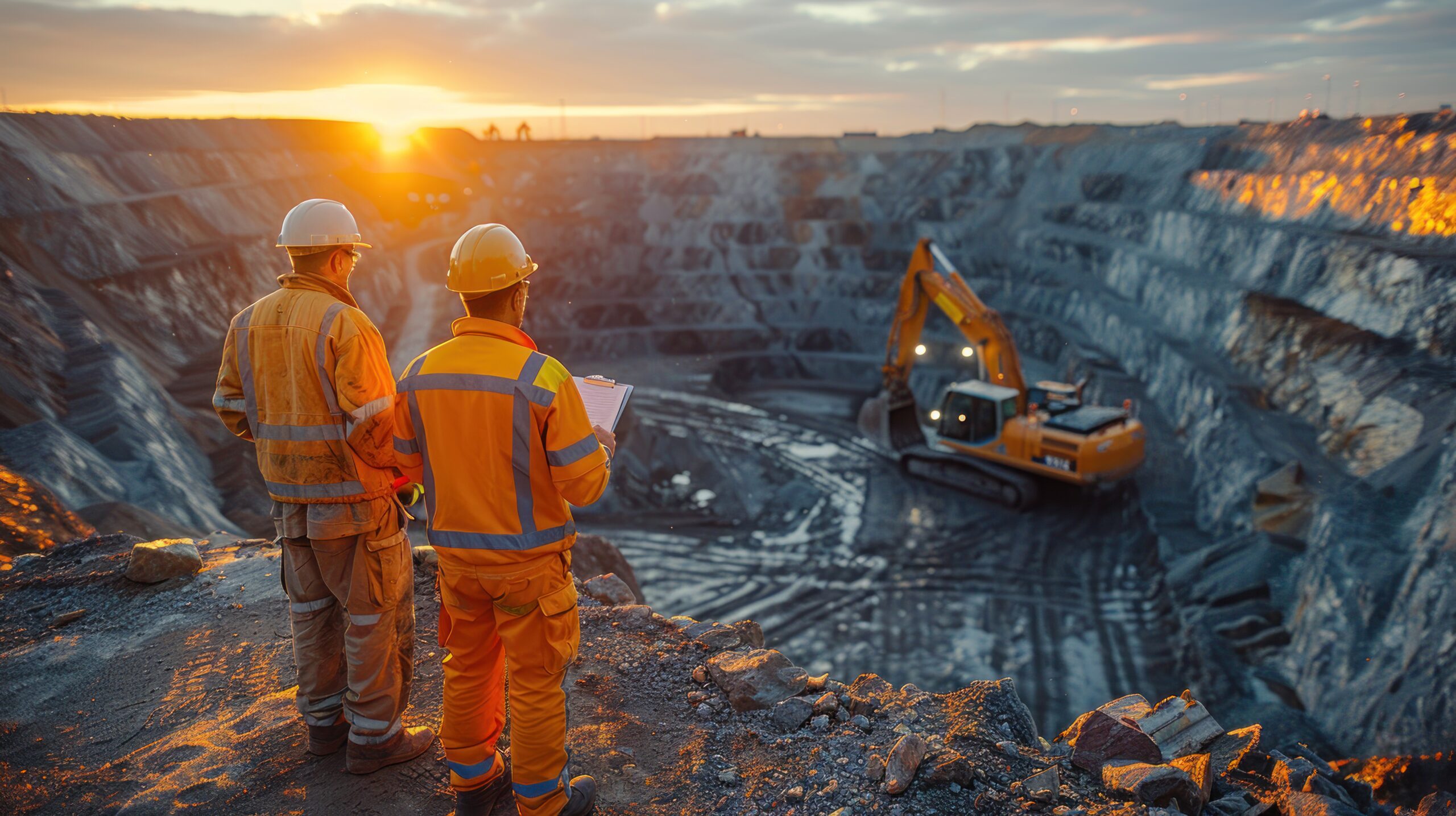 two-workers-uniforms-safety-helmets-stand-open-pit-mine-with-excavator
